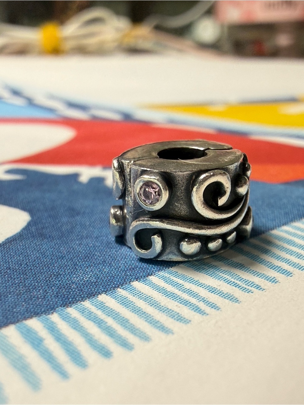 Pandora Sterling Silver Scroll Charm with Light Purple Stone Accent